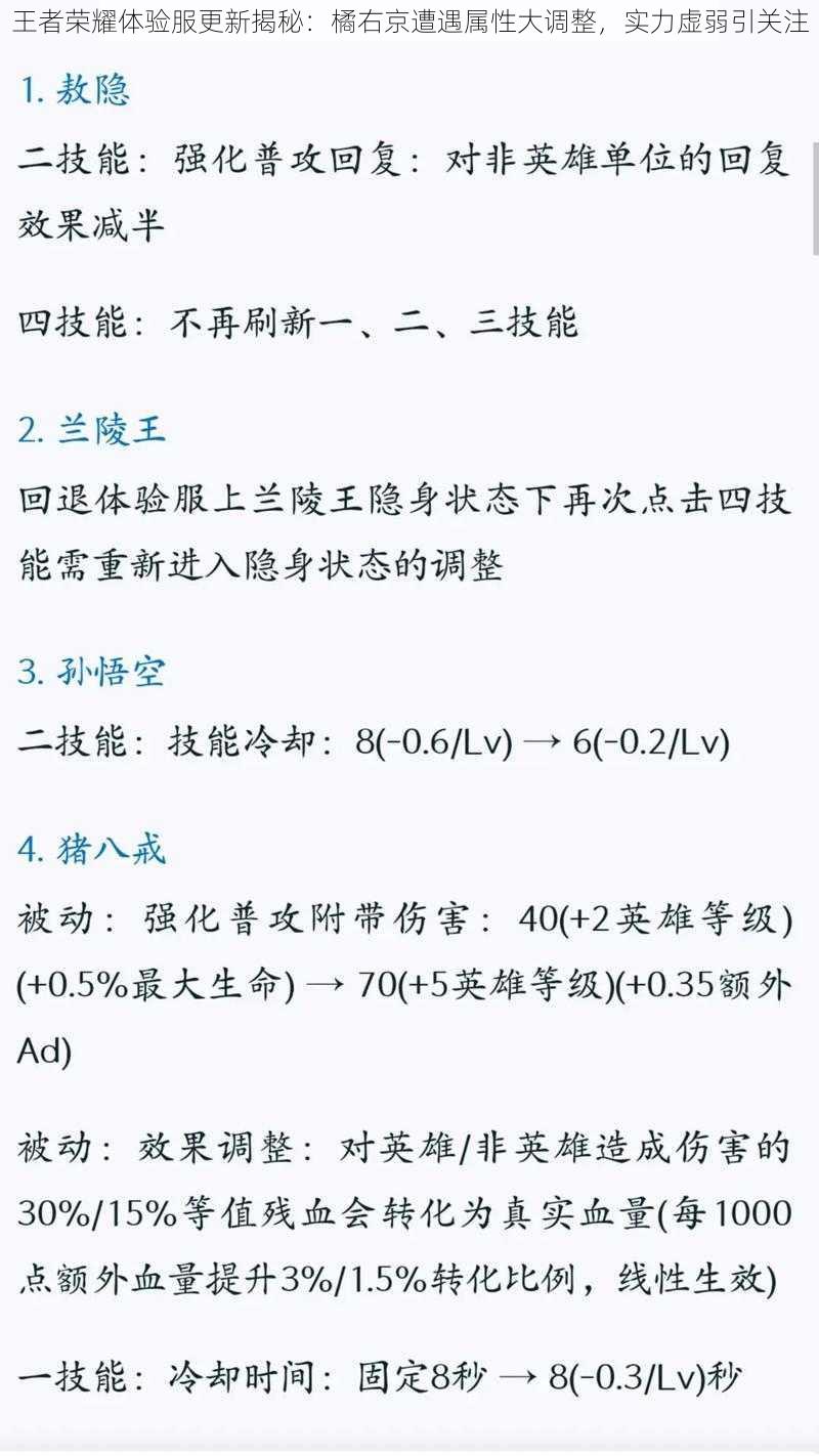 王者荣耀体验服更新揭秘：橘右京遭遇属性大调整，实力虚弱引关注